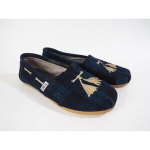 TOMS Green & Navy Blue Plaid Classic Flats W/ Embroidered Tassel, Size 5 (US)